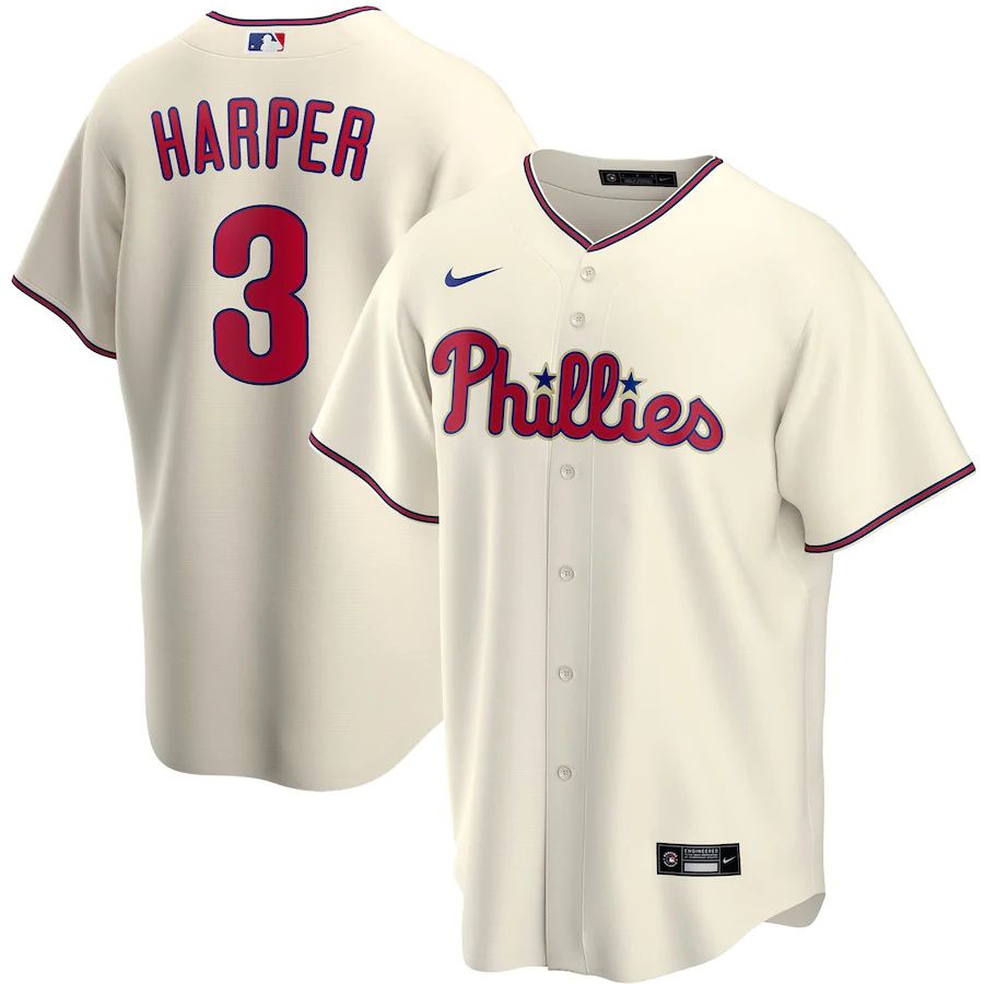 Mens Philadelphia Phillies #3 Bryce Harper Nike Cream Alternate Replica Player Name MLB Jerseys